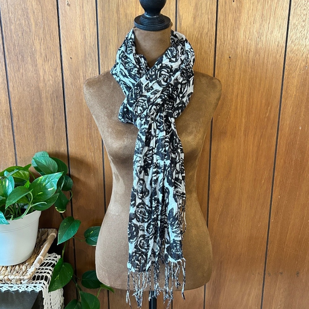 Linen Black White Rose Print Scarf Shawl Fringe Lightweight Bohemian Lightweight